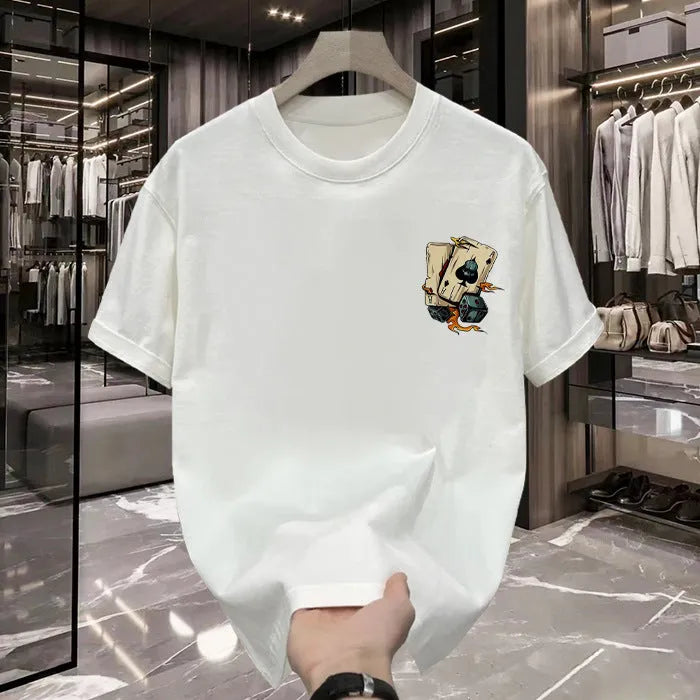 Men's heavyweight black and white pure cotton short-sleeved printed T-shirt showing size range from S to XXXXL.
