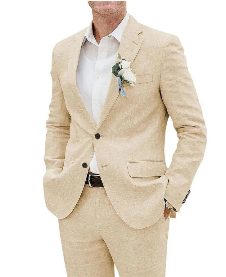 Men's slim fit two-piece suit in a linen blend fabric for business and banquet events.