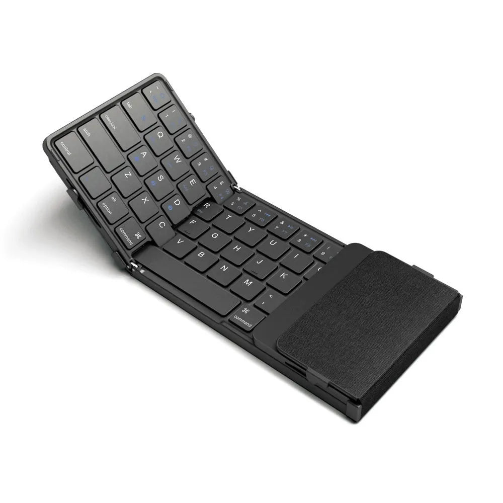 Black folding Bluetooth keyboard for mobile phones and tablets, shown next to a phone.