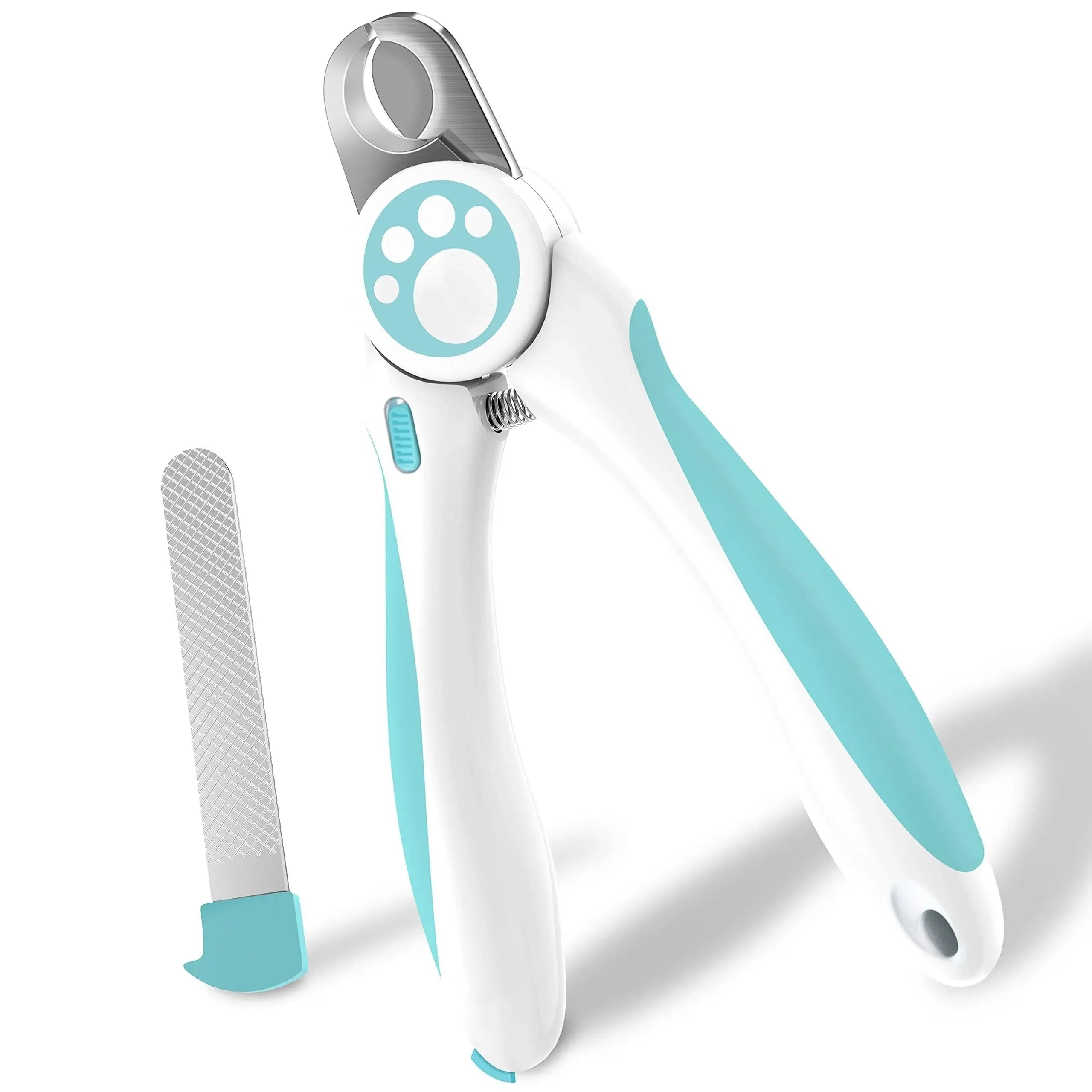 Blue and white pet nail clippers with ergonomic handles and a safety lock, shown with a nail file.