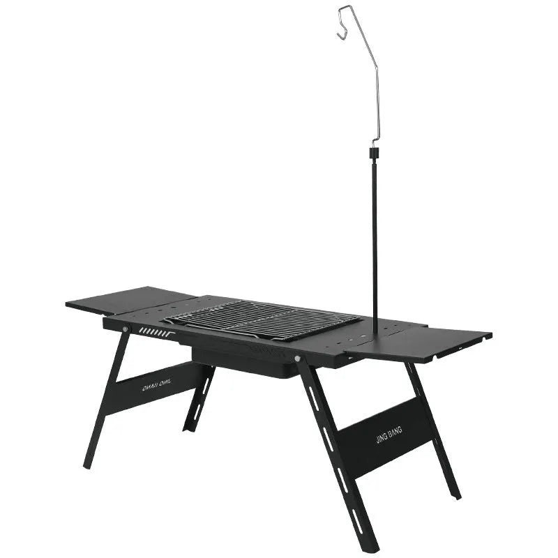 Black folding steel barbecue table with grill, shown in round and square top styles.