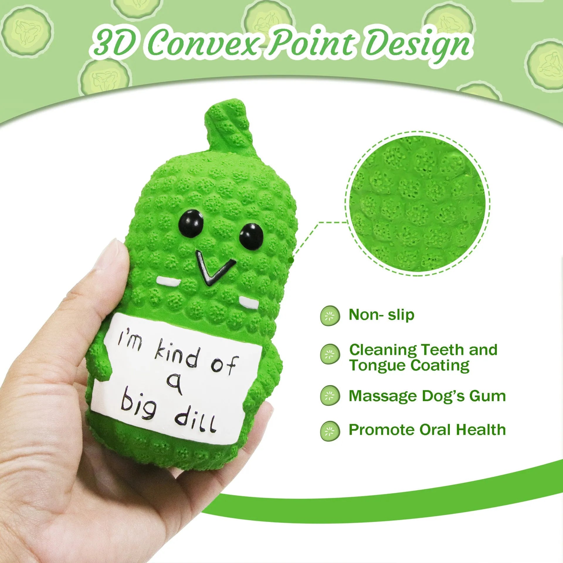 Bright green latex pickle-shaped dog chew toy with textured surface and squeaker inside.