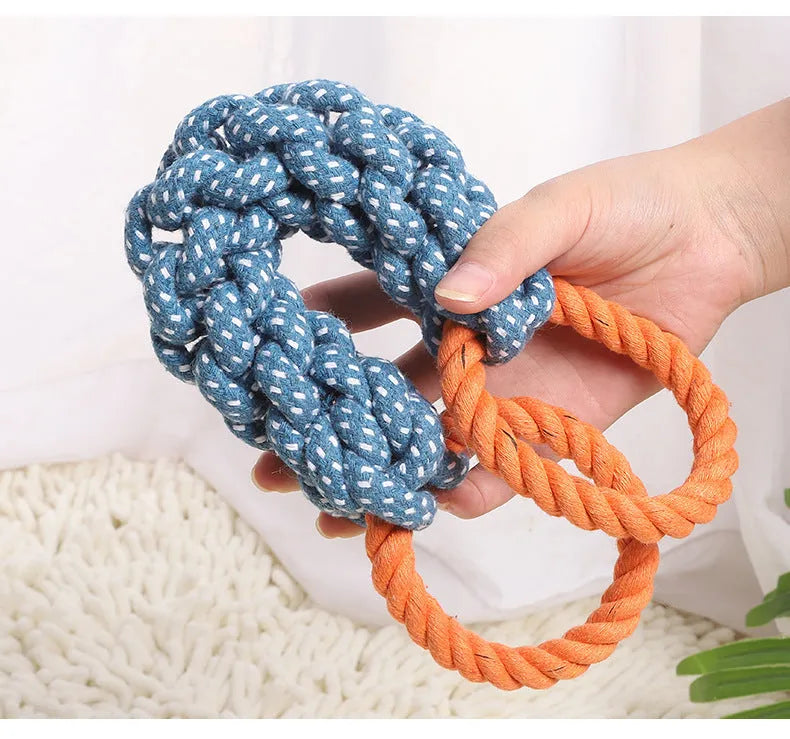 Blue double-ring dog chew toy with braided cotton bone rope measuring 37cm long