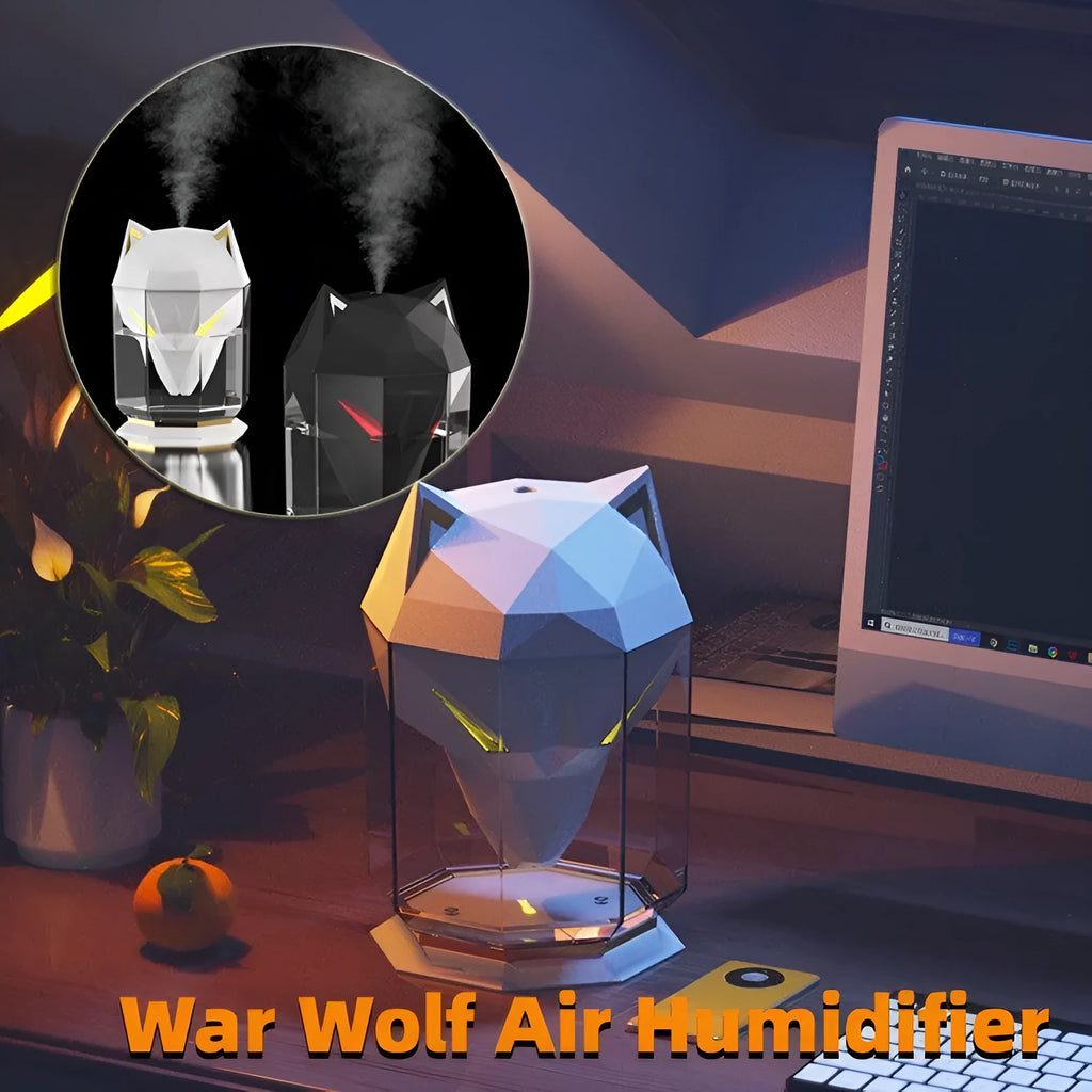 War Wolf desktop humidifier with LED lights showing mist output from 650ml tank