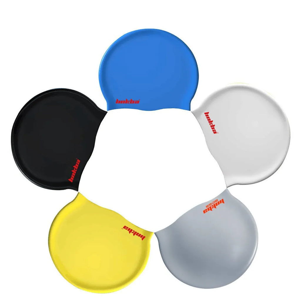 Silicone swimming cap with a coloured earmuff and letter pattern design.