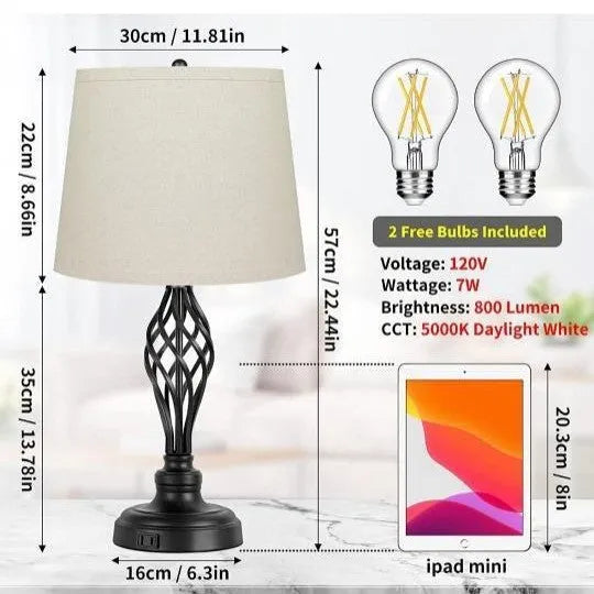 European style alloy bedside lamp with touch dimming, cold warm light, and USB charging port.