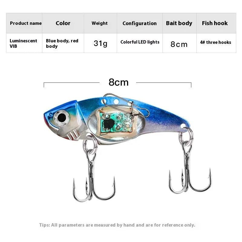 Electronic fishing lure with luminous metal vib body in blue and red colour options
