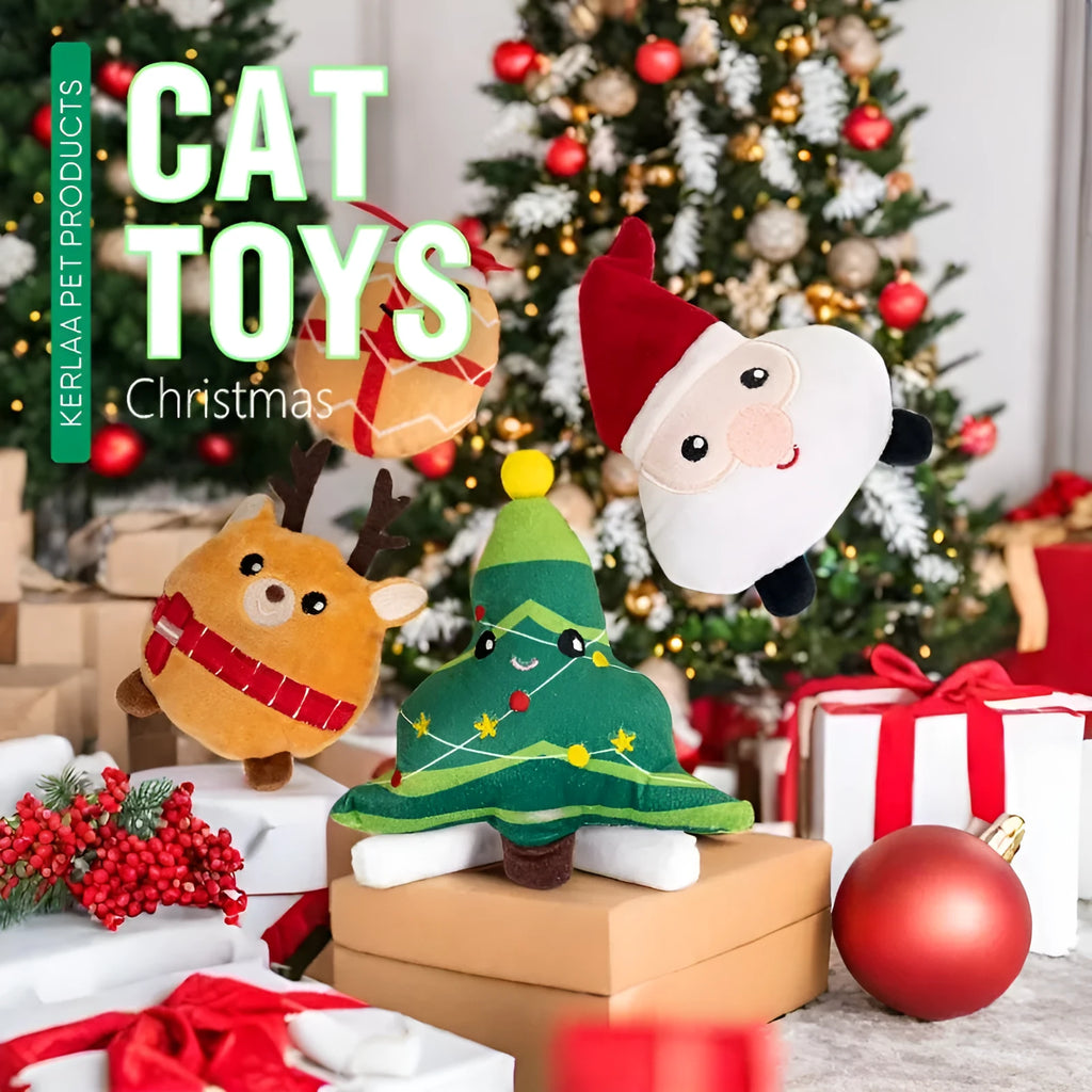 Christmas cat plush toy with catnip in festive design options including elk, tree, Santa and egg motifs