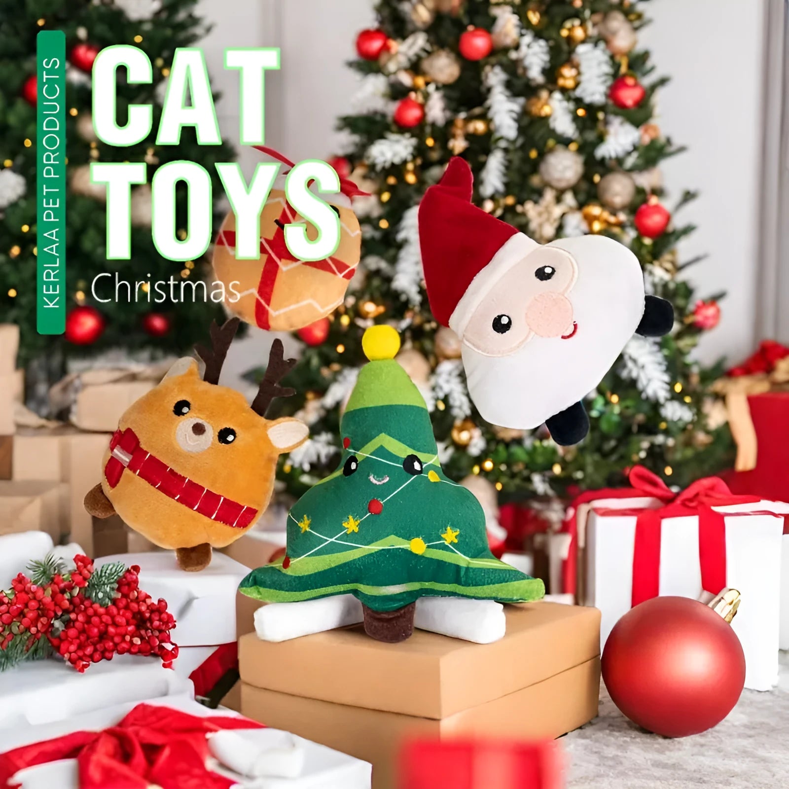Christmas cat plush toy with catnip in festive design options including elk, tree, Santa and egg motifs