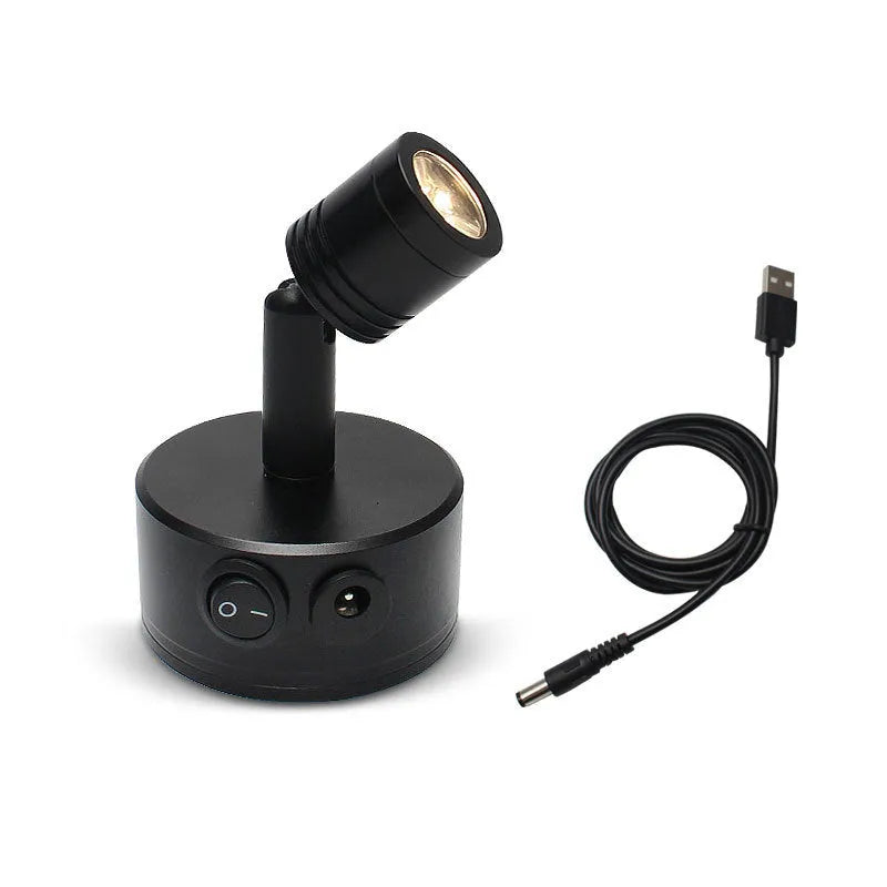 Black rechargeable LED exhibition spotlight with aluminium base and adjustable colour temperature options