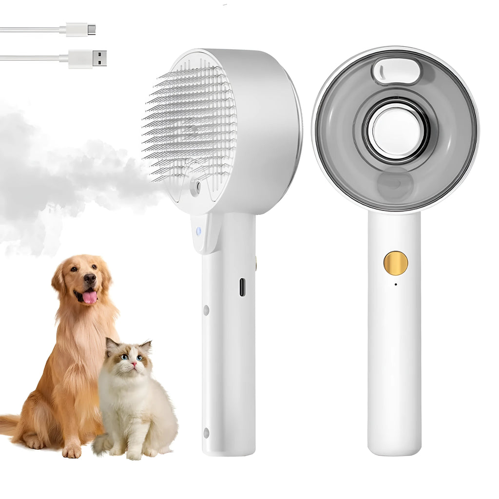 Pink and white cat steam grooming brush with mist spray function and stainless steel comb.