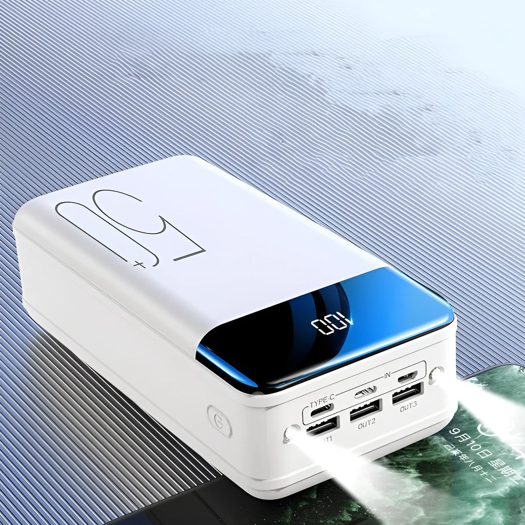 Large black or white 50000mAh power bank showing multiple USB ports on front.