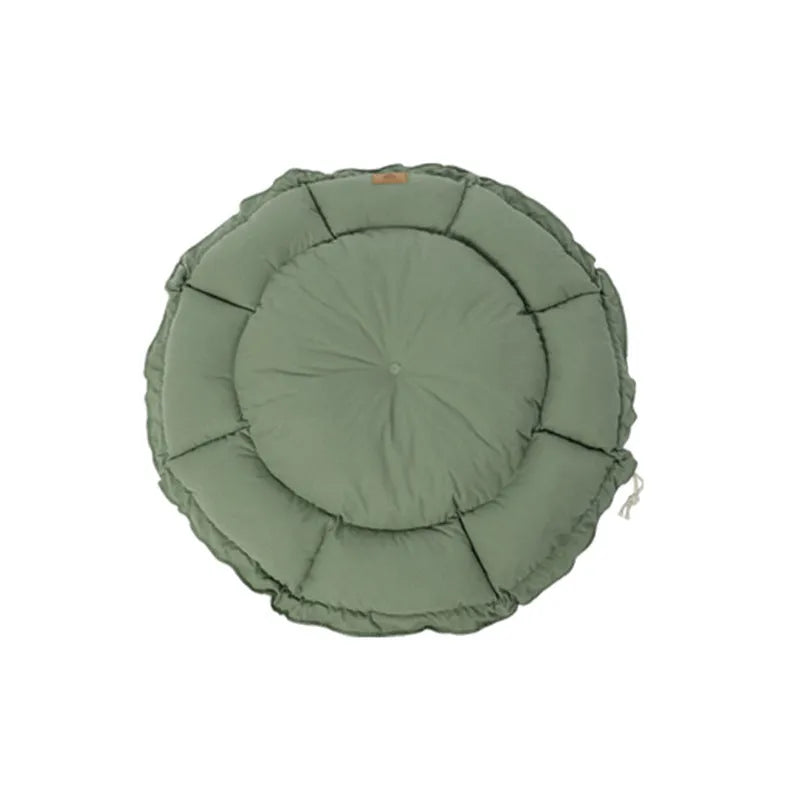 Grey reversible donut-shaped cat bed with raised rim, shown next to a green version of the same bed.