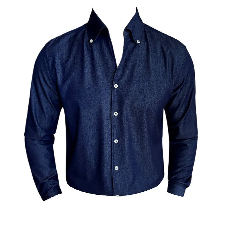 Men's slim fit denim shirt in black colour with long sleeves and cardigan style