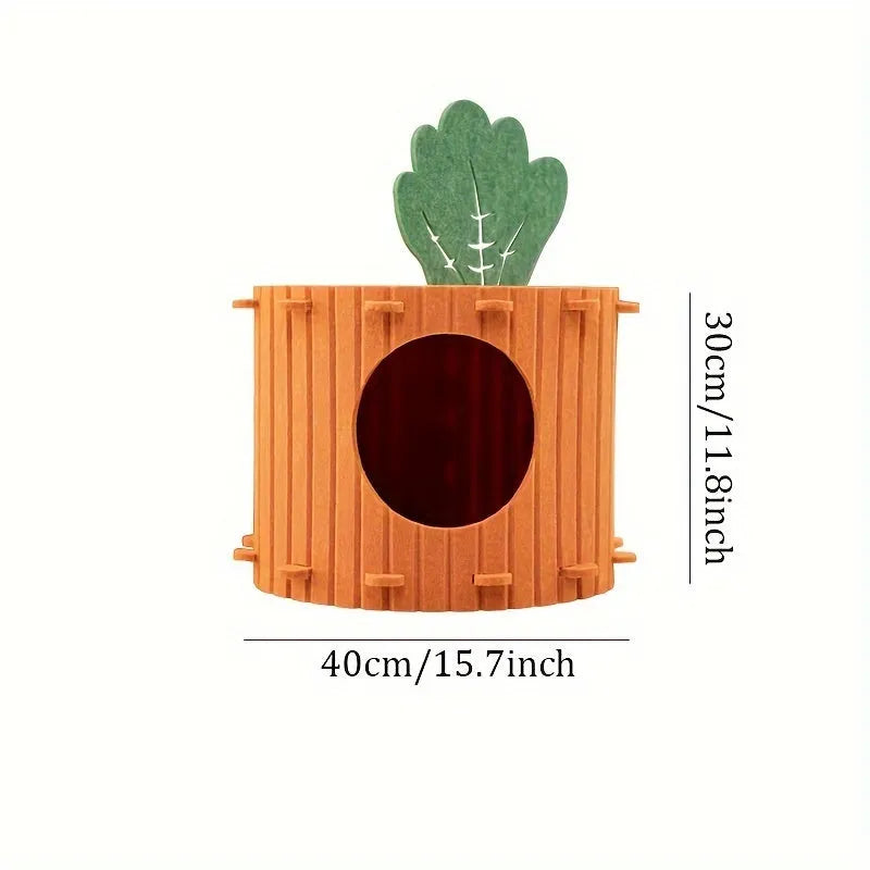 A brown felt carrot-shaped cat nest with a round drilled hole entryway, shown in two size options.