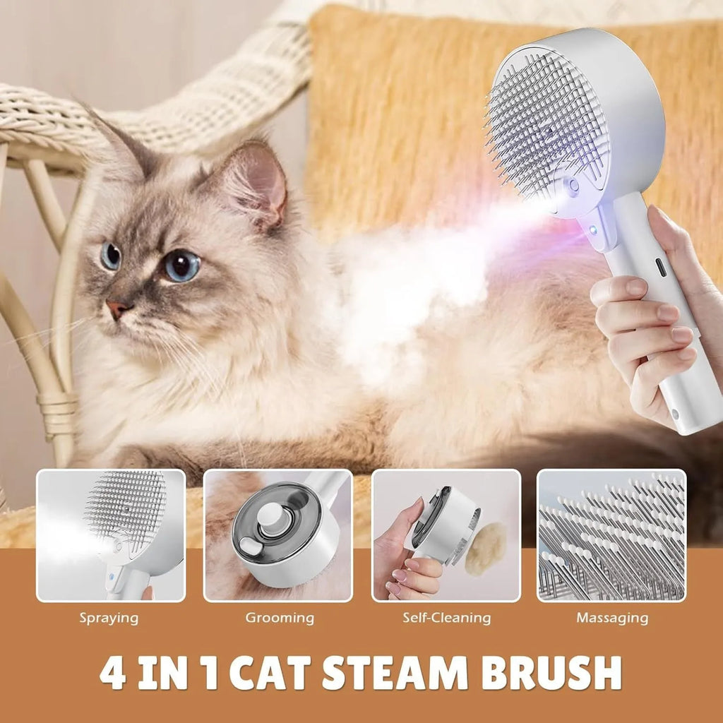 Pink and white cat steam grooming brush with mist spray function and stainless steel comb.