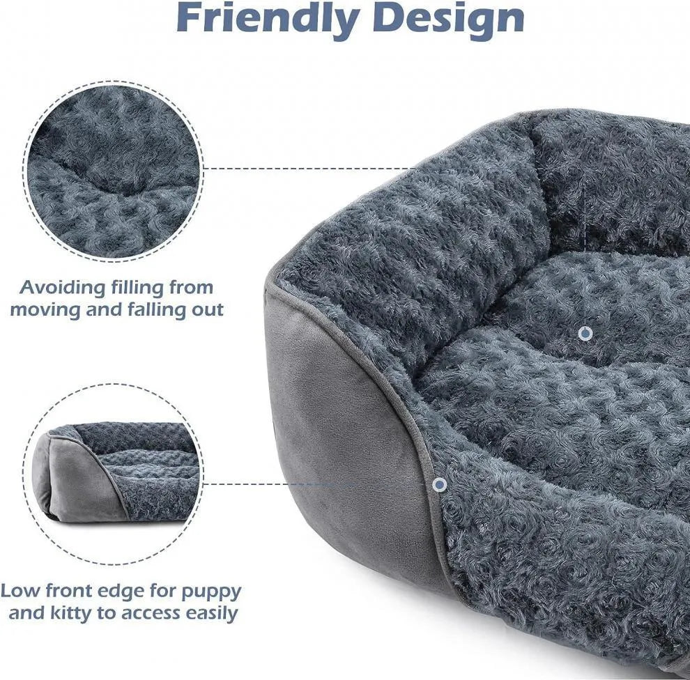 Beige plush kennel dog bed with stuffed Golden Retriever toy, suitable for small and large dogs.