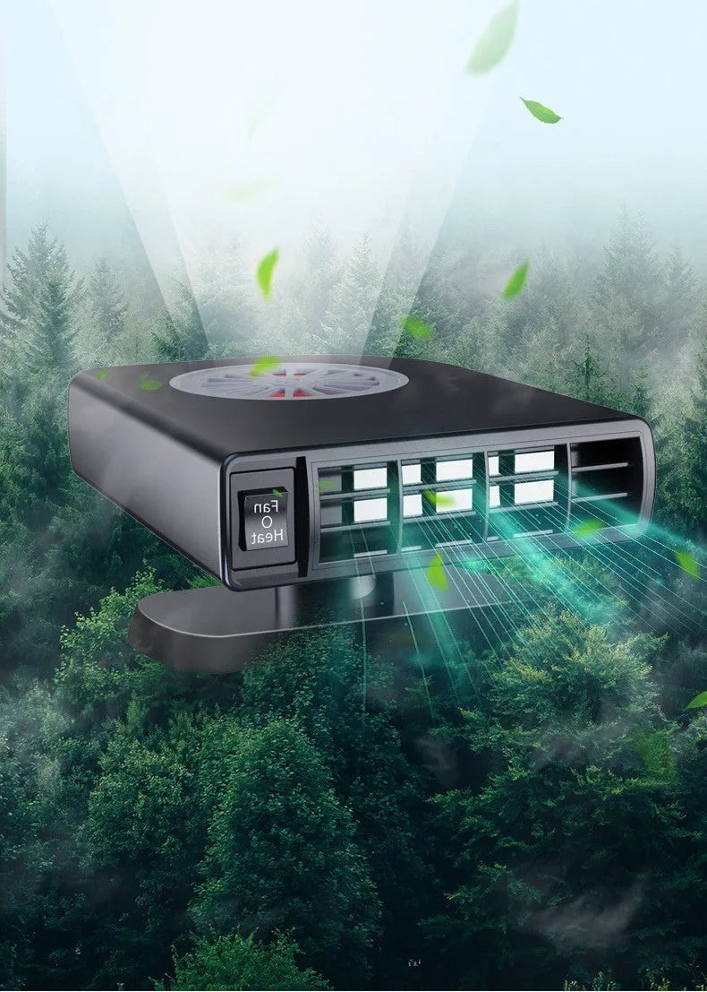 Black compact vehicle-mounted heater for car defrosting and defogging with adjustable nozzle.