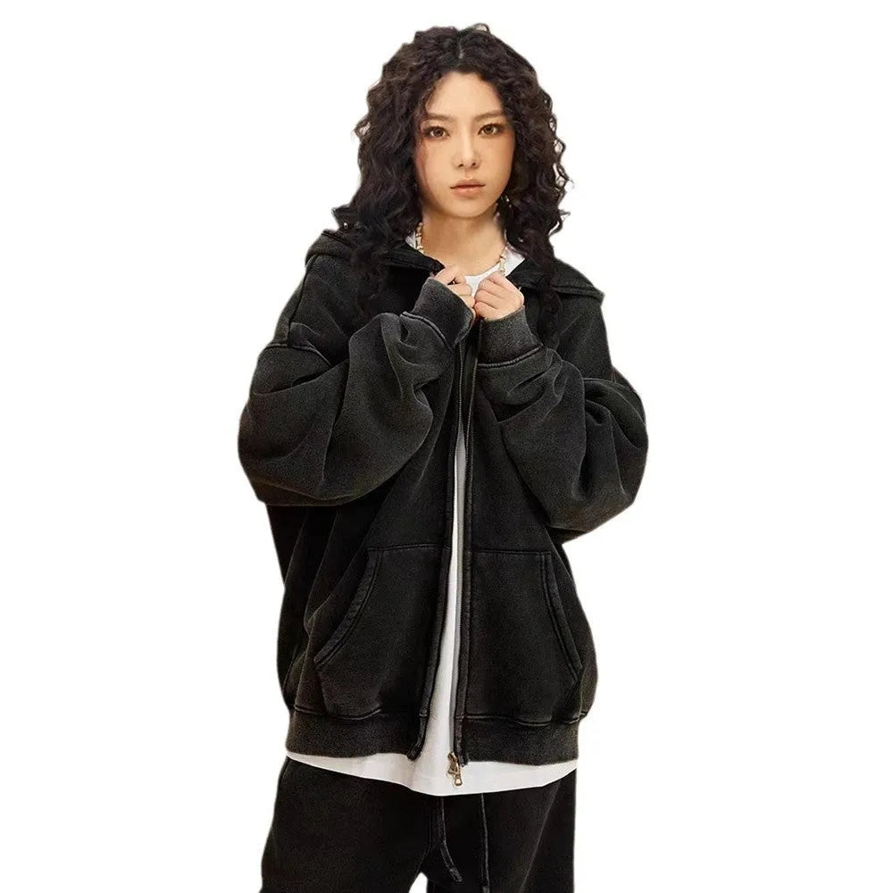Men's vintage washed-colour hooded cardigan sweater with a double zipper and fleece lining.