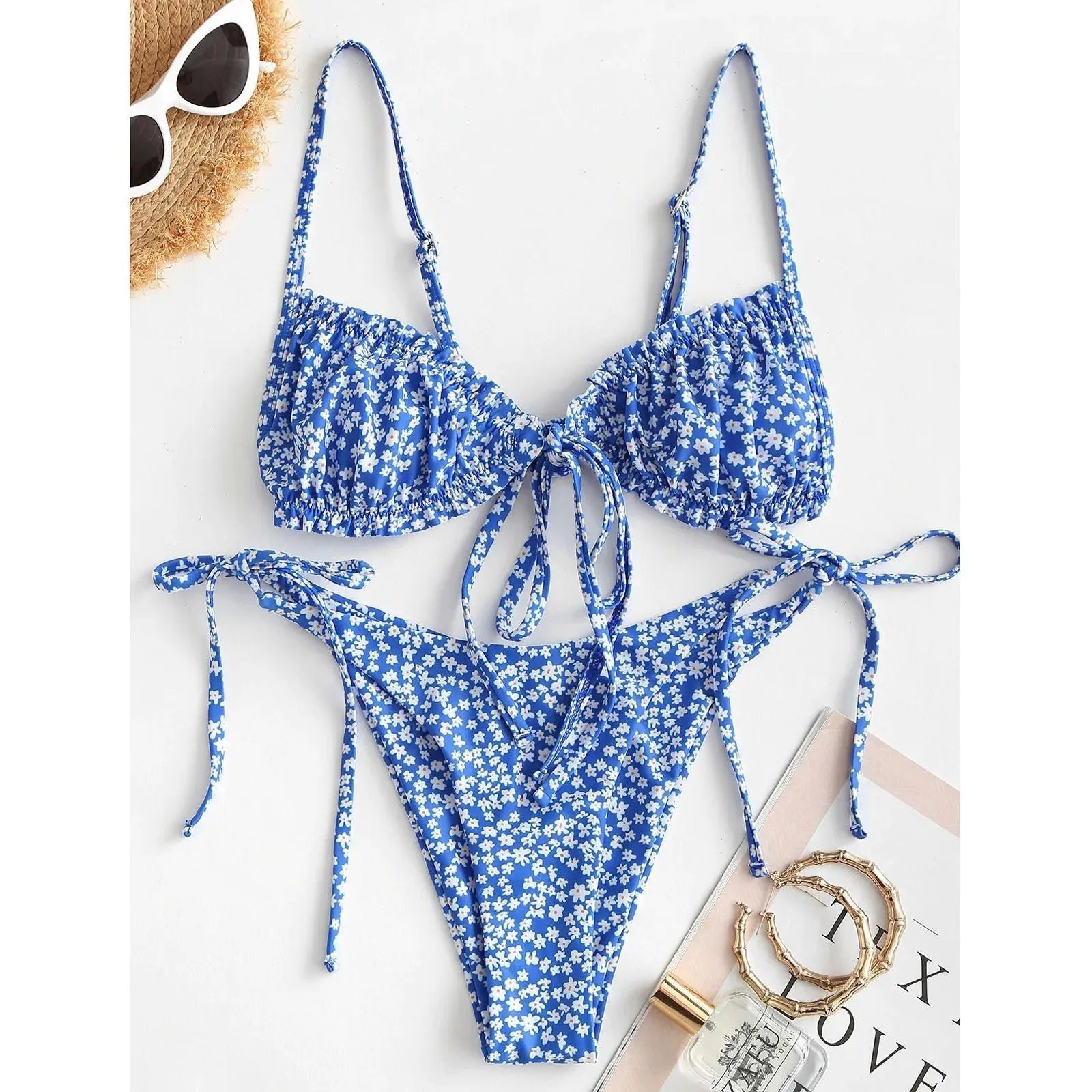 Women's blue printed multi-rope banded bikini swimsuit with short sleeves and lapel collar