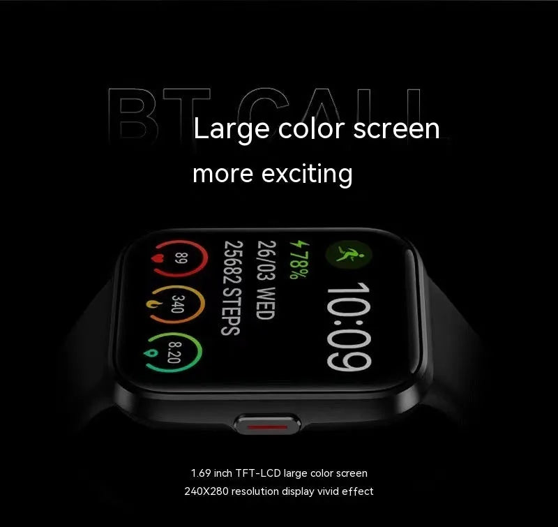 Smart watch with Bluetooth calling on wrist, showing colour options: black, pink, blue, and green.