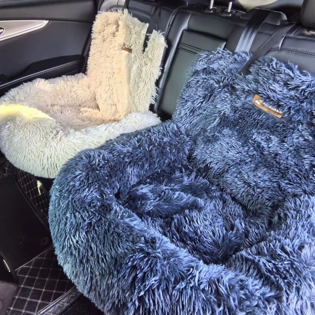 Beige thick cloth pet mat with raised sides on a car seat, showing its size and thermal design.