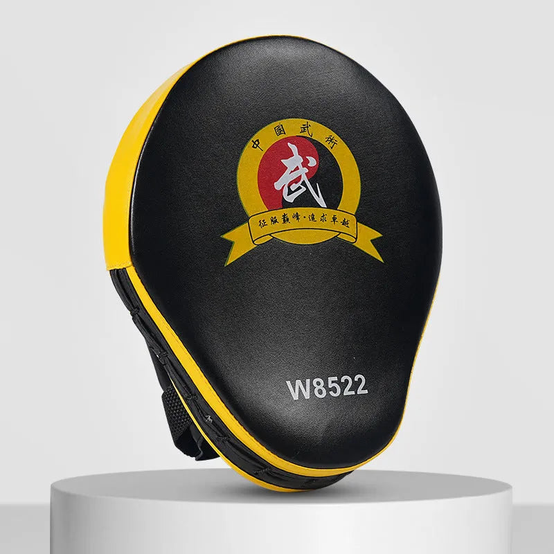 Boxing punch mitts and target pads for Sanda and Muay Thai training, available in curved or flat designs with multiple colour options.