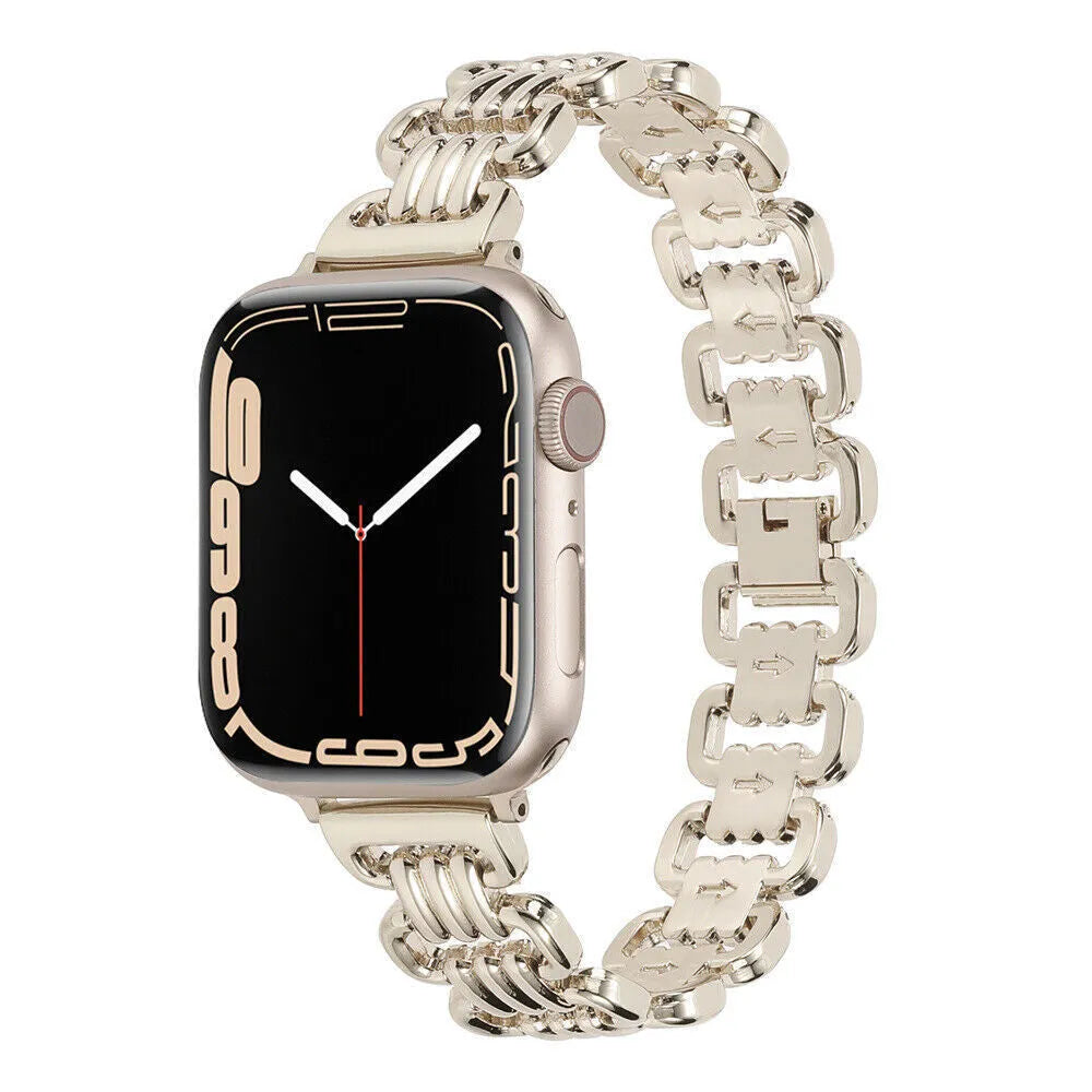 Alloy metal Apple Watch bracelet in silver, black, gold, rose gold and Starlight colours for 38mm to 49mm models.