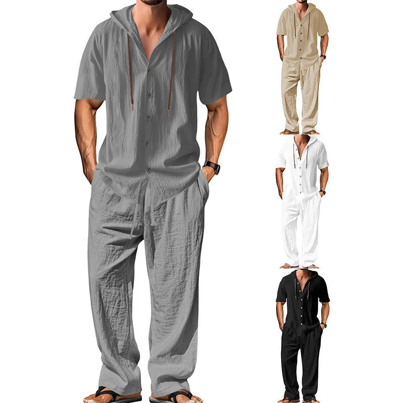 Men's casual cotton blend sports leisure suit set with long sleeves and trousers in multiple colours