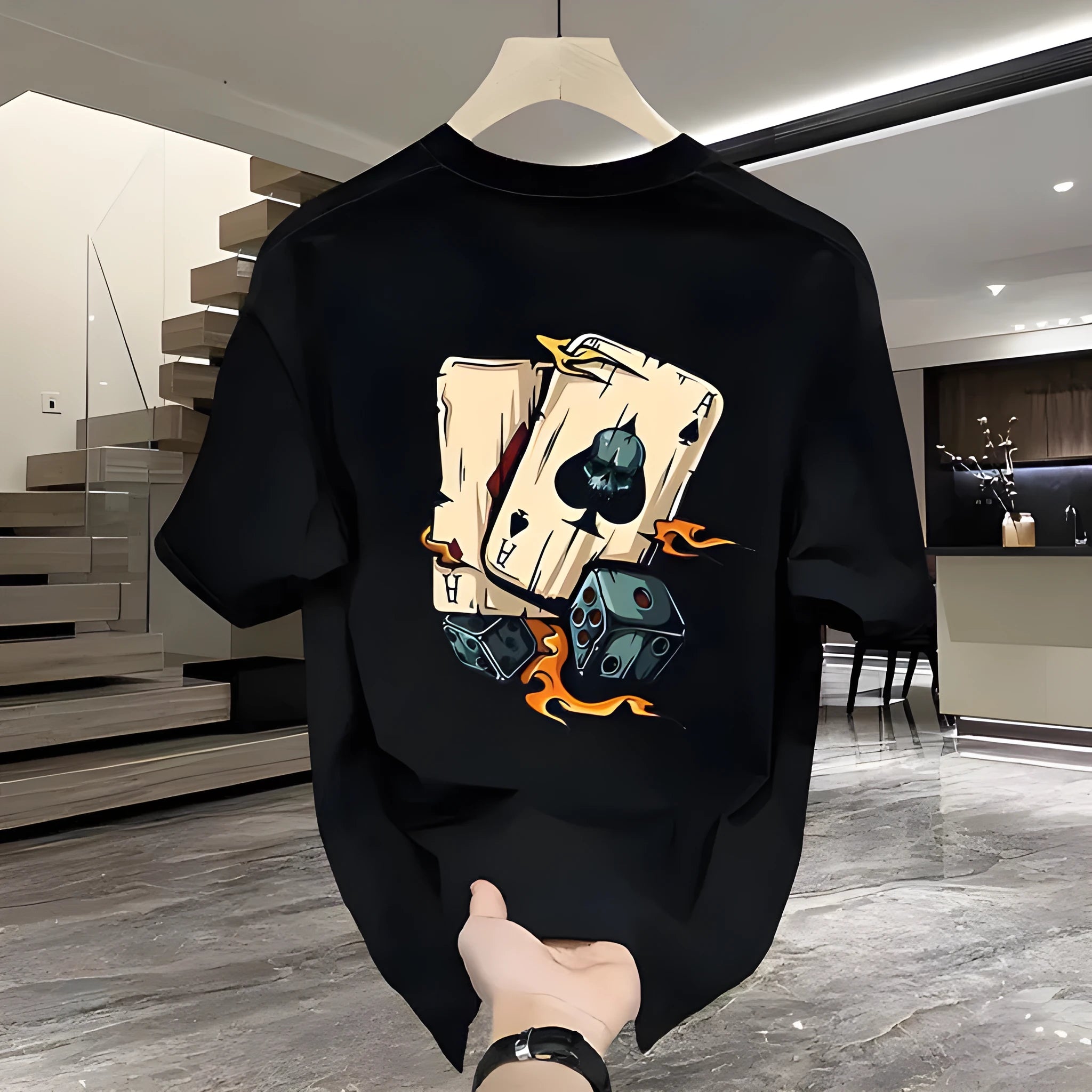 Men's heavyweight black and white pure cotton short-sleeved printed T-shirt showing size range from S to XXXXL.