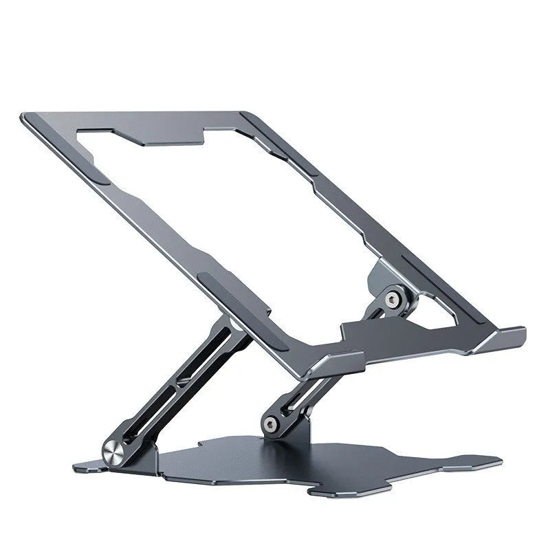 Grey aluminium laptop stand with adjustable angle, shown holding a silver laptop.