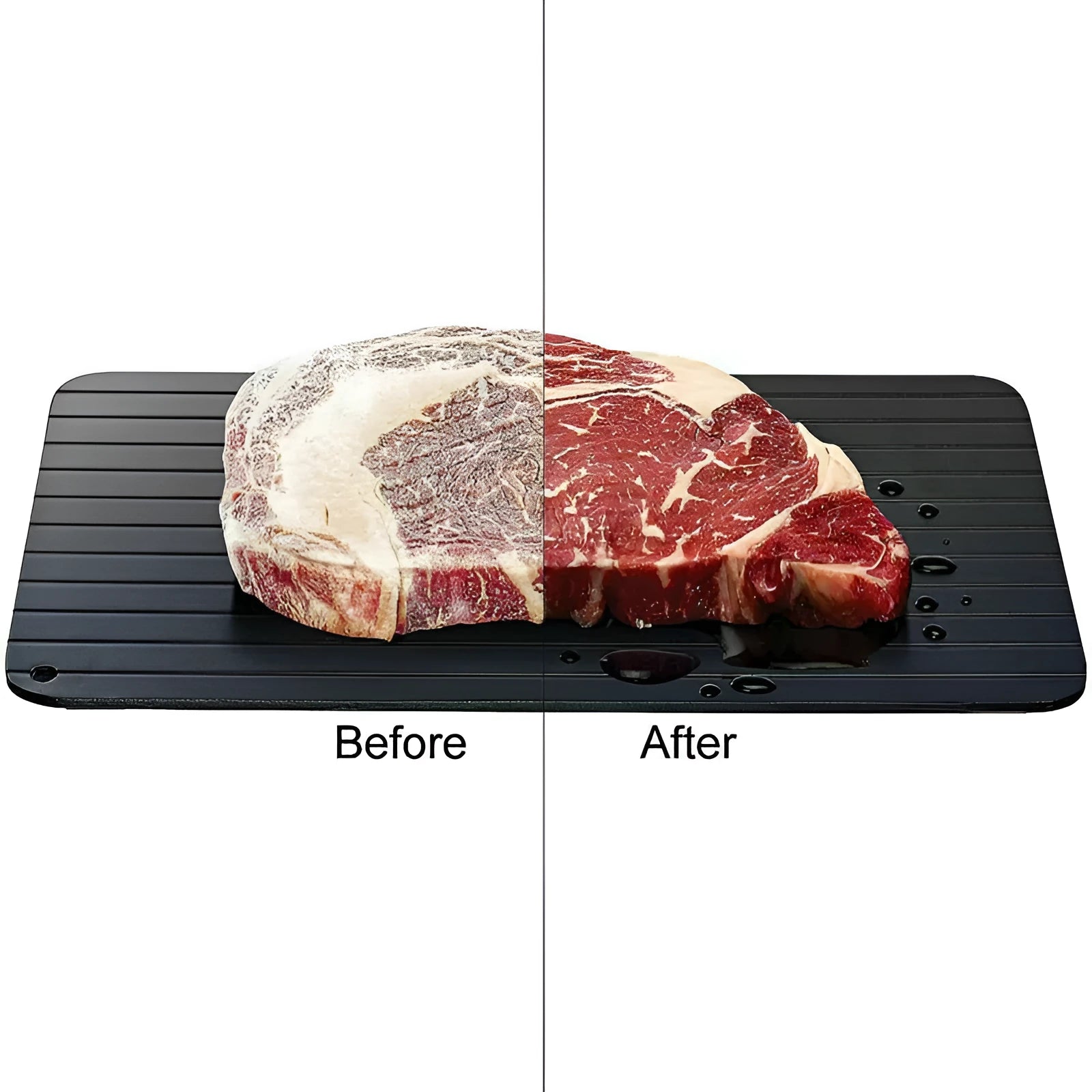 Black aluminium fast defrosting tray for thawing frozen meat and food.