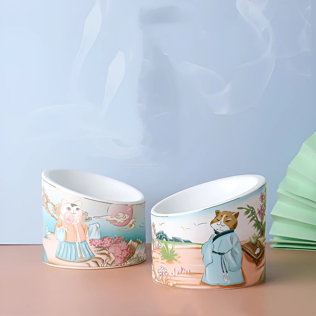 Chinese style ceramic cat bowl with high legs, double bowl design, and oblique mouth