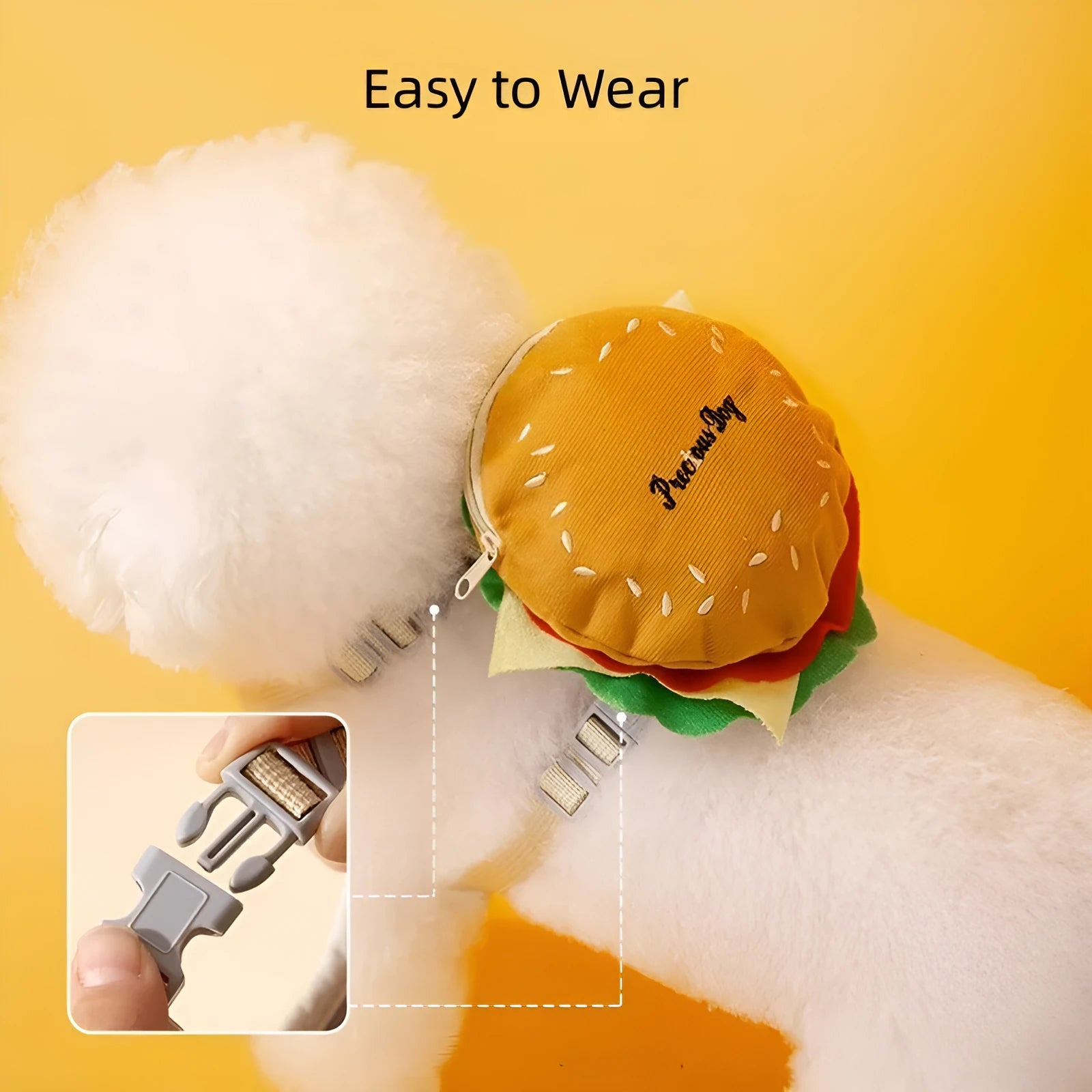 Cartoon hamburger design adjustable vest leash for a dog, showing the integrated rope and backpack-style harness.