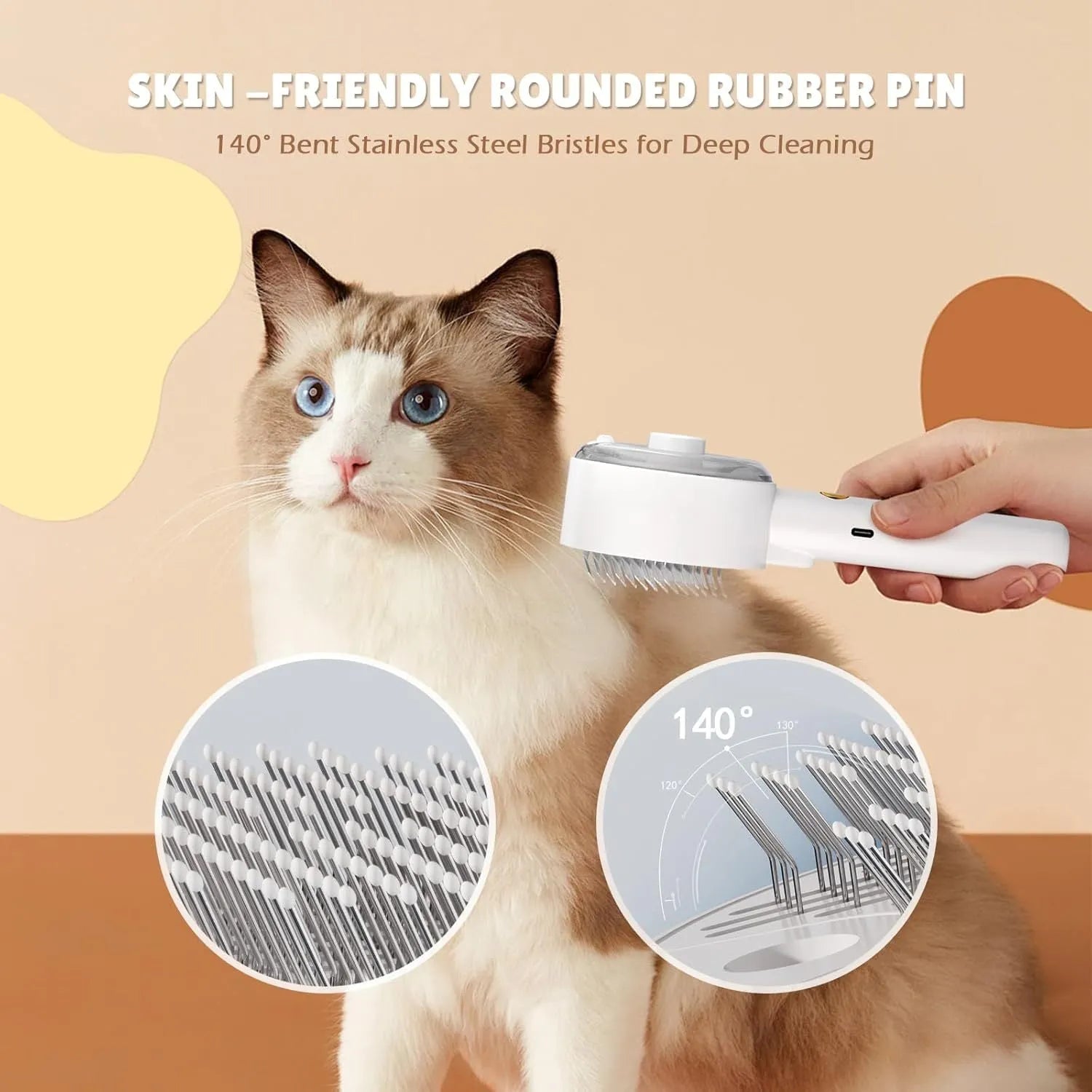 Pink and white cat steam grooming brush with mist spray function and stainless steel comb.