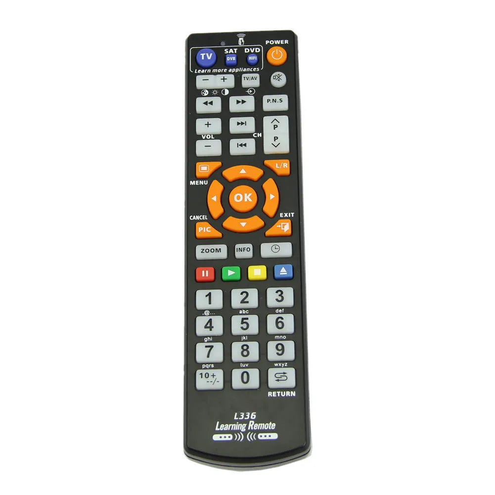 Black L336 learning remote control showing button layout and 20cm length