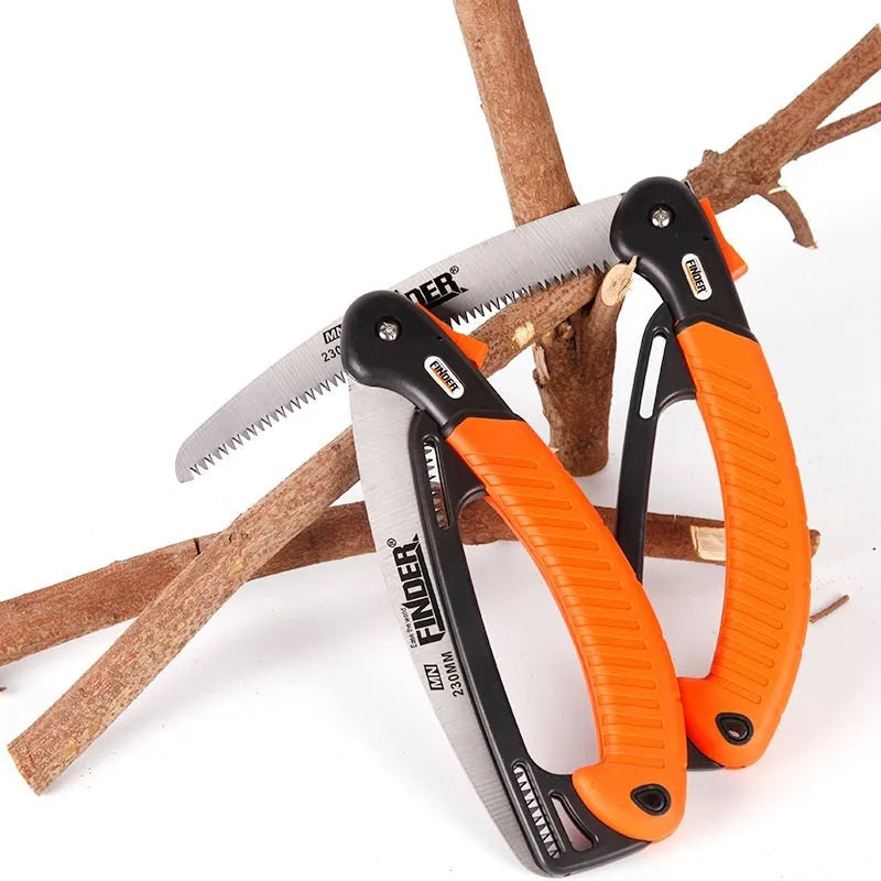 230mm folding garden saw with black TPR handle and silver steel blade, shown both open and closed.