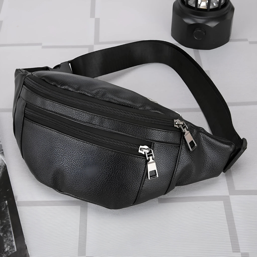 Men's business casual large capacity crossbody bag in Black, waterproof PU, 20x12x34cm