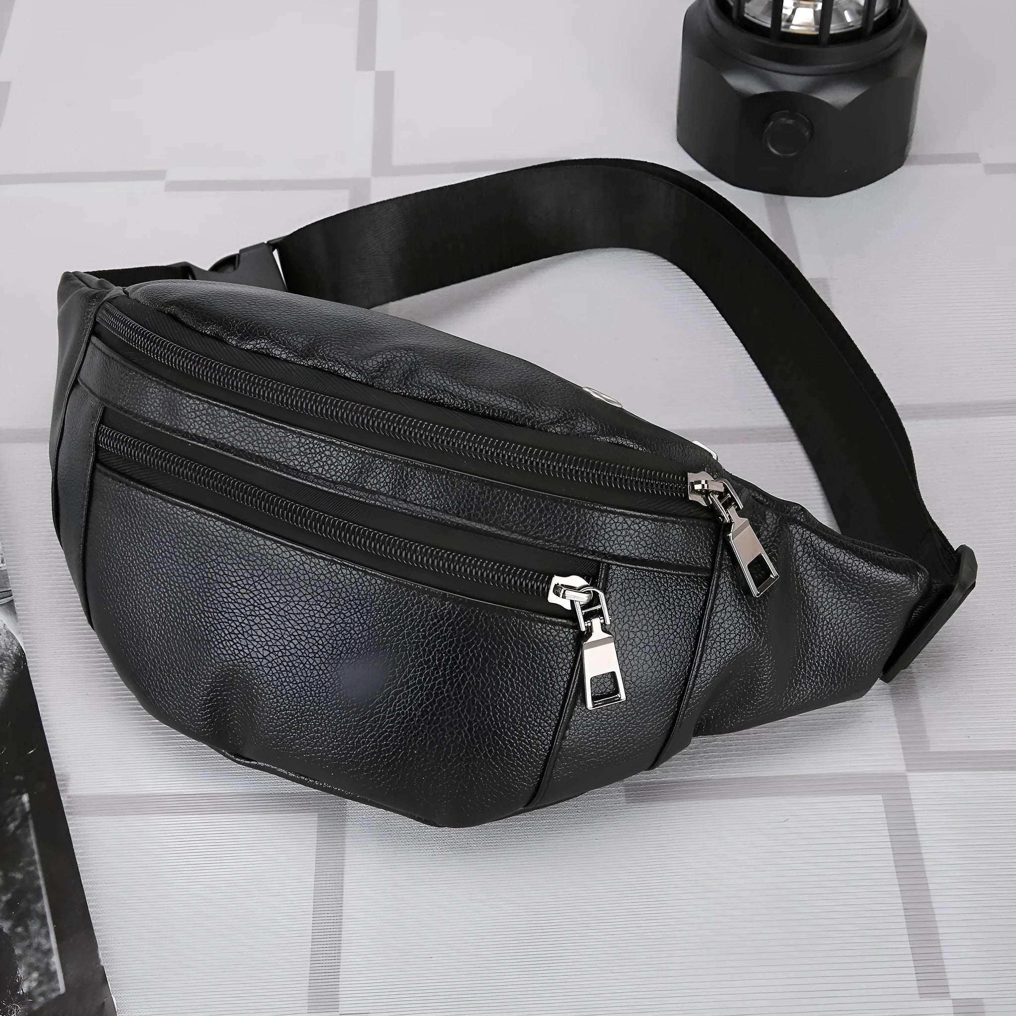 Men's business casual large capacity crossbody bag in Black, waterproof PU, 20x12x34cm