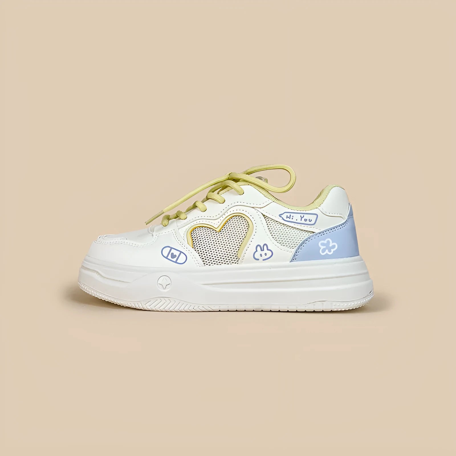Meow Rabbit Sea Salt Cheese coloured mesh sneakers with cross straps for children and youth.