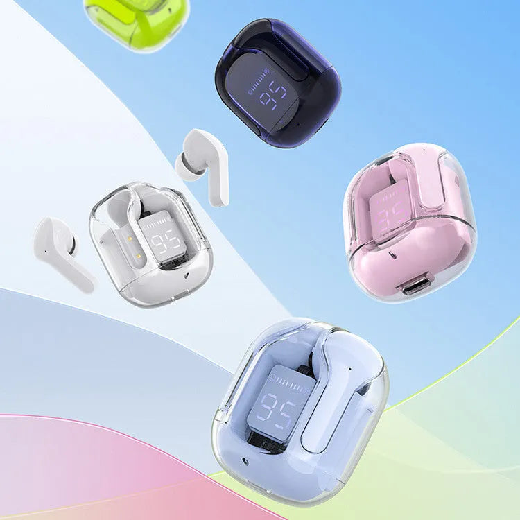 Green wireless Bluetooth headphones with LED power display, shown with silicone case and USB-C cable.
