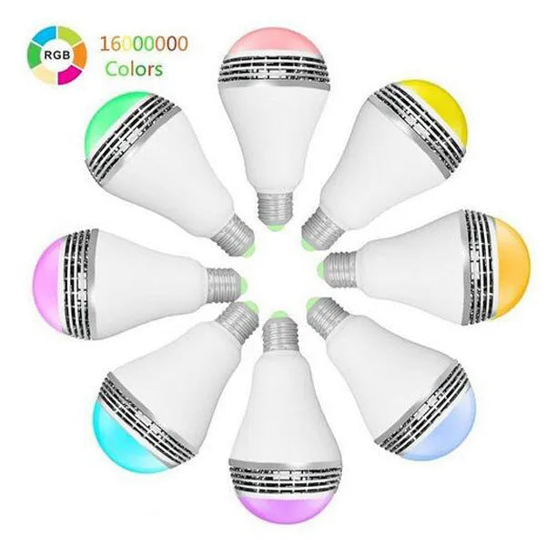 LED smart bulb with Bluetooth speaker showing RGB lighting and E27 fitting