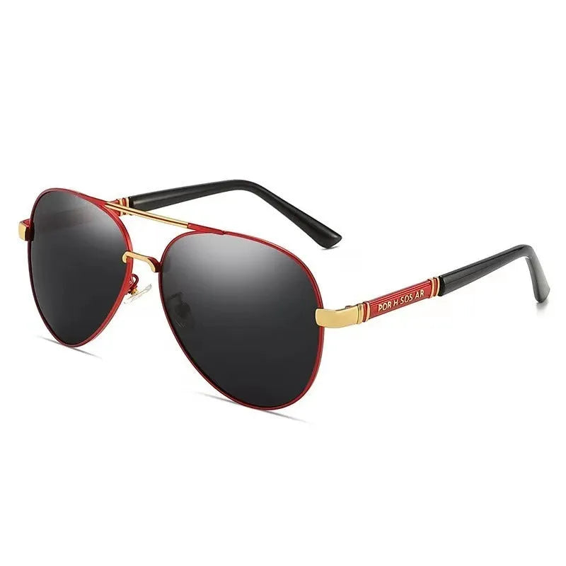 Men's metal-frame polarised sunglasses in gold, shown with decorative dragon and phoenix motifs.