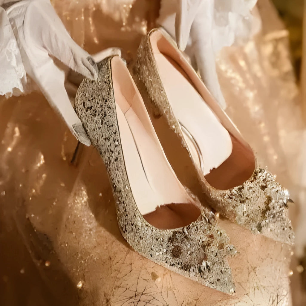 Champagne colour women's wedding shoes with crystal rhinestones and pointed toe design on fine heels