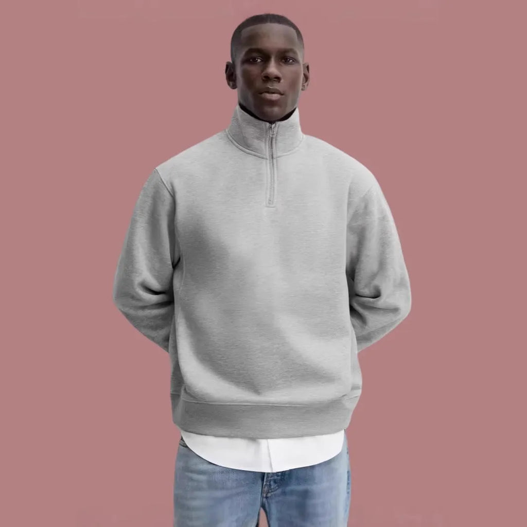 Grey half zip stand collar cotton sweater for men and women