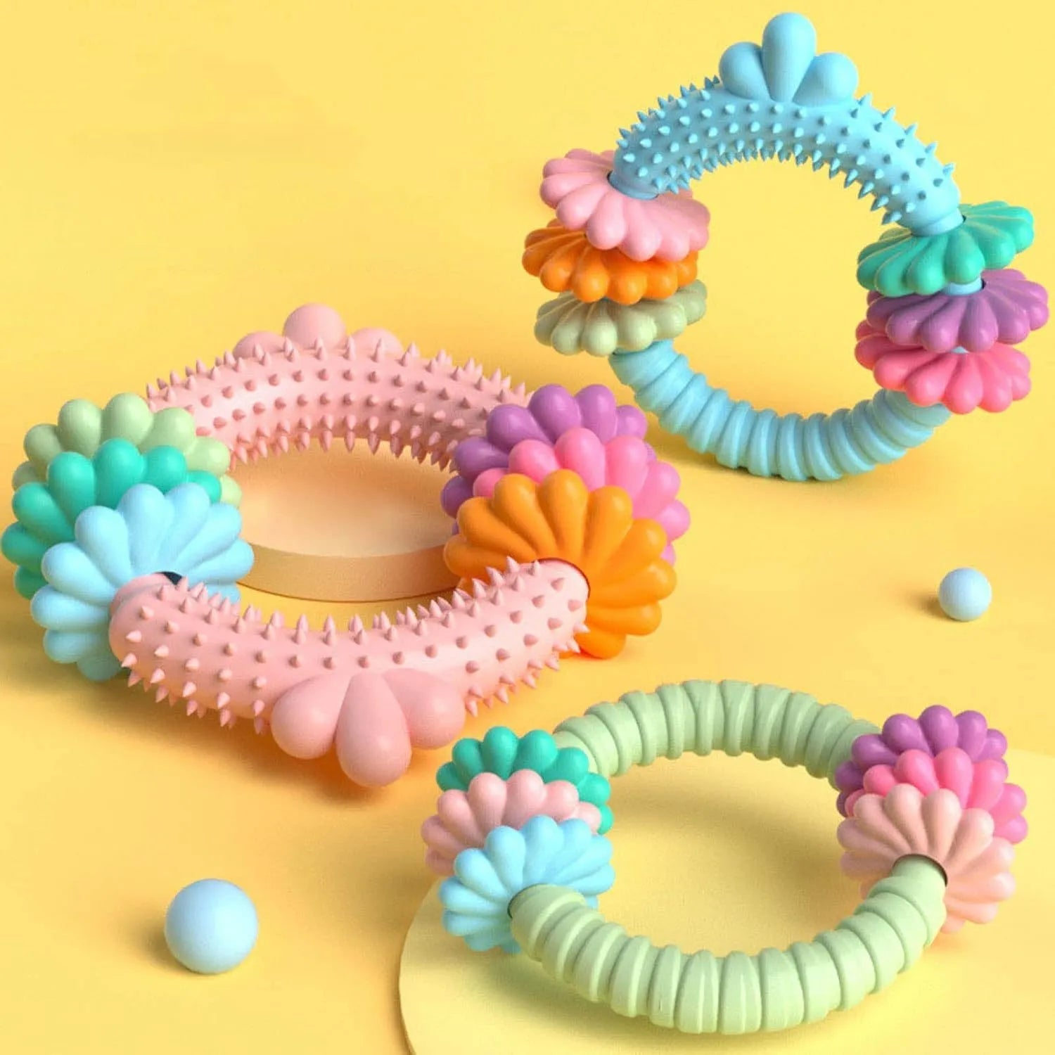TPR rubber dog chew toy shaped as ring for small dogs, blue green pink colours