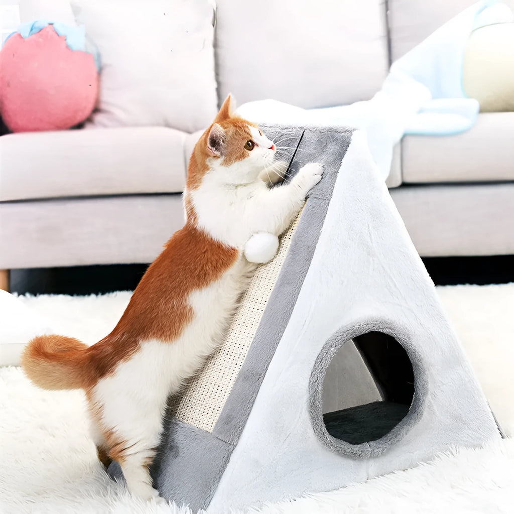 Grey and white triangular cat bed with integrated sisal scratching post, shown next to a light brown and beige version.
