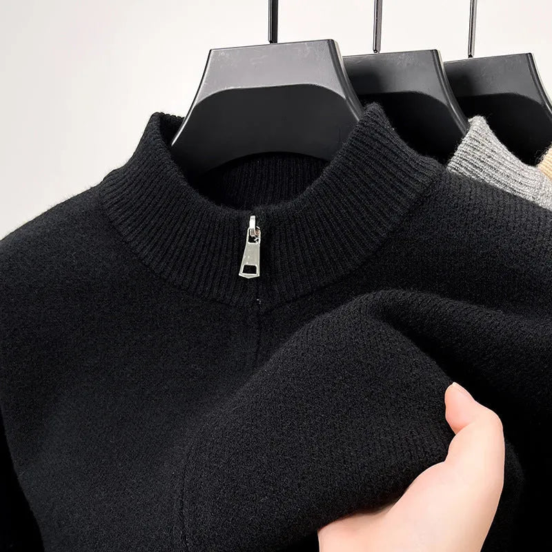 Men's black knitted zipper cardigan with stand collar shown in loose fit