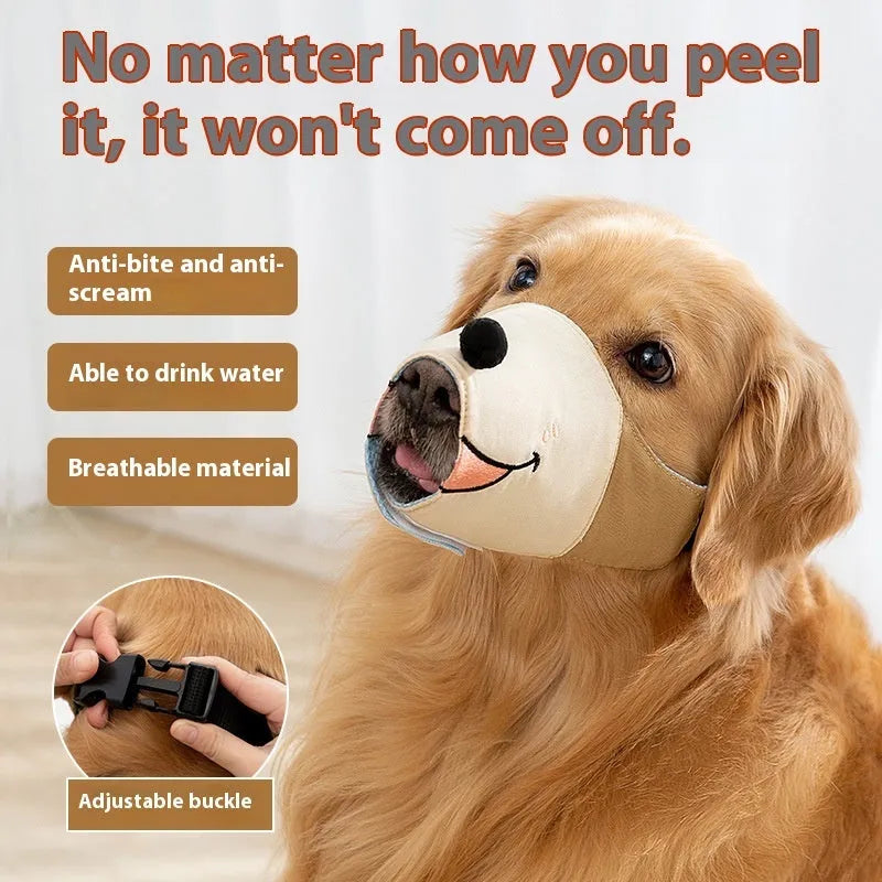 Canvas dog muzzle mouth cover in Ollie Brown Bear colour on a size chart for dogs.