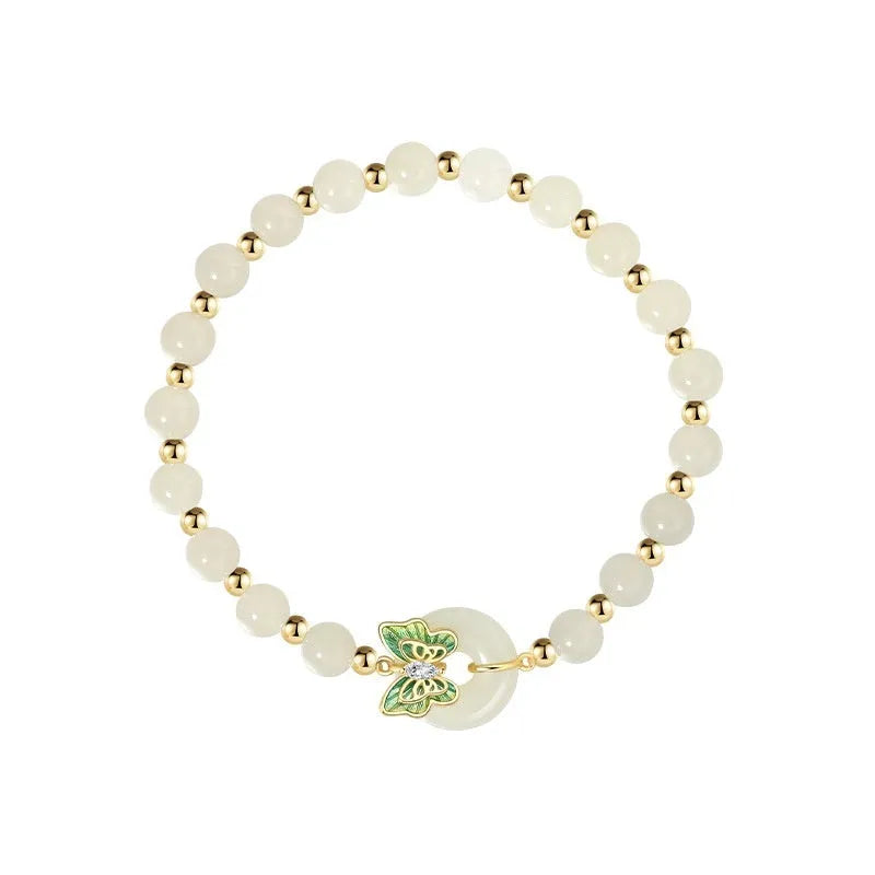 Cyan Hetian Jade butterfly bracelet on 925 sterling silver band with inlaid gemstones